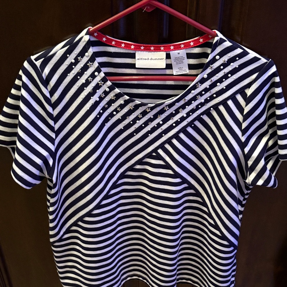 Alfred Dunner Navy and White Striped Short Sleeve Top